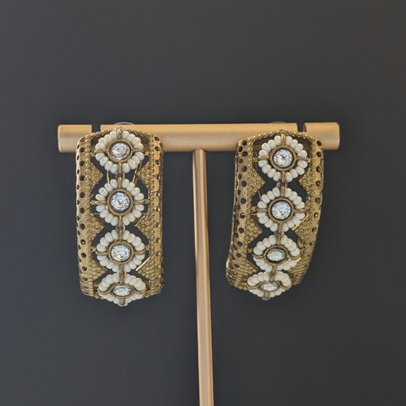 Jewelry - Gold Semi Hoop Earrings with White Bead Accents